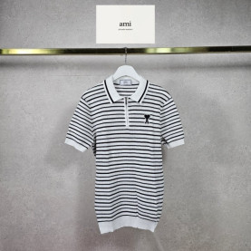 AMI 아미 스트라이프 반지퍼 카라 니트 하프 반팔티 2COLOR