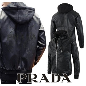 PRADA 프라다 타이거 로고 후드 레더 집업