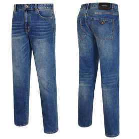 PRADA 프라다 메탈 삼각패치 중청 캣워싱진