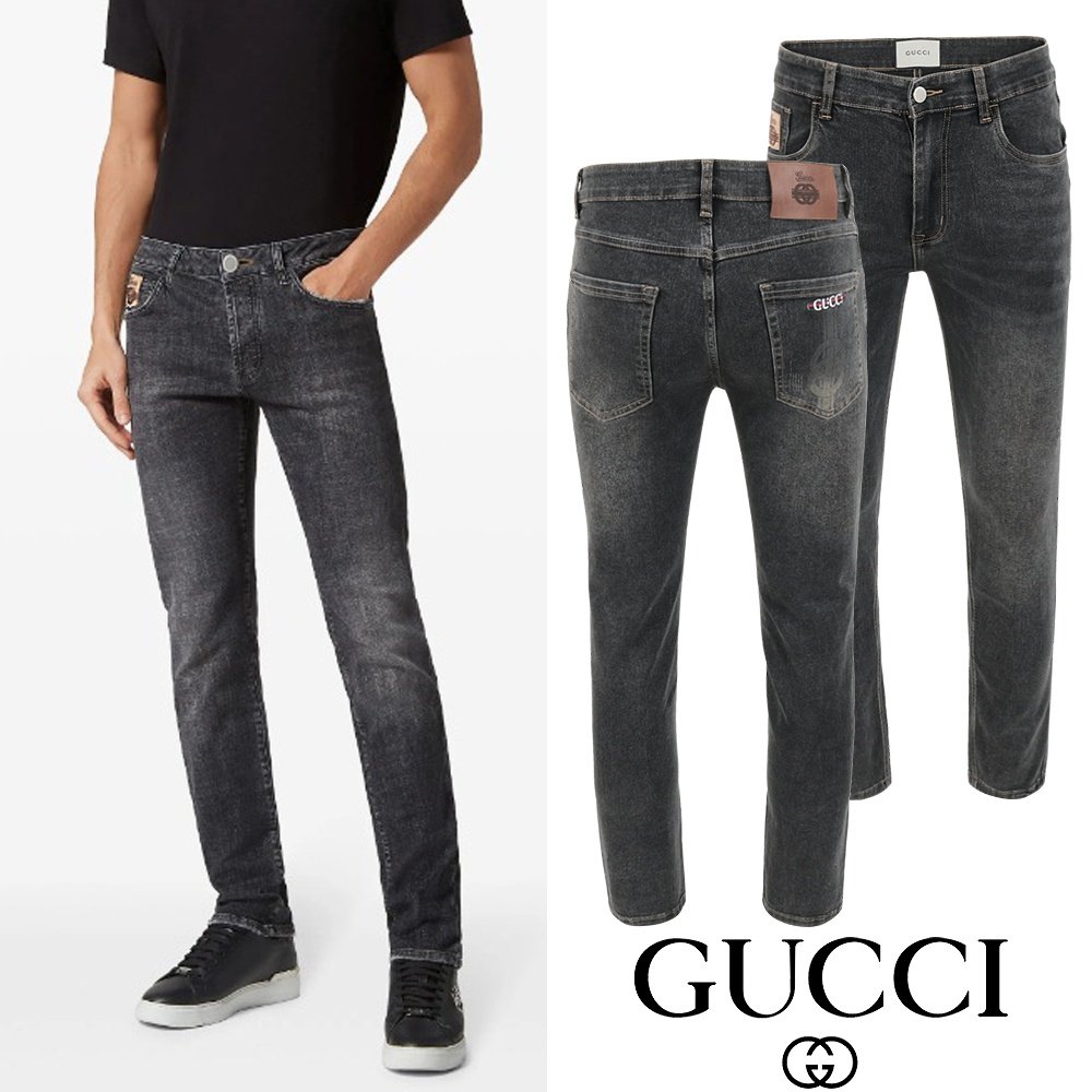 GUCCI 구찌 더블로고 레터링 자수 흑청 슬림진