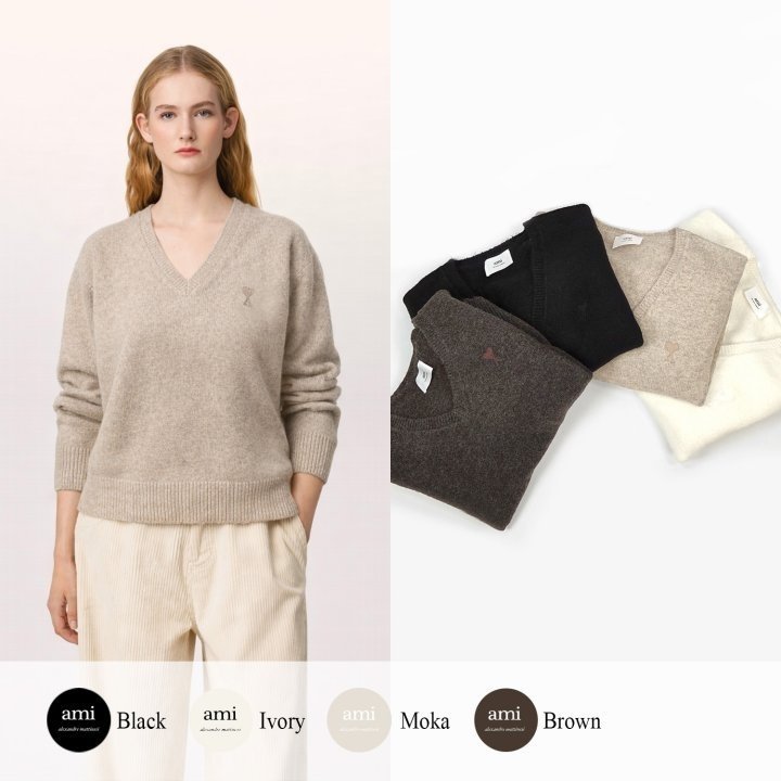 AMI 아미 드 꾀흐 까마이외 자수 V넥 울 스웨터