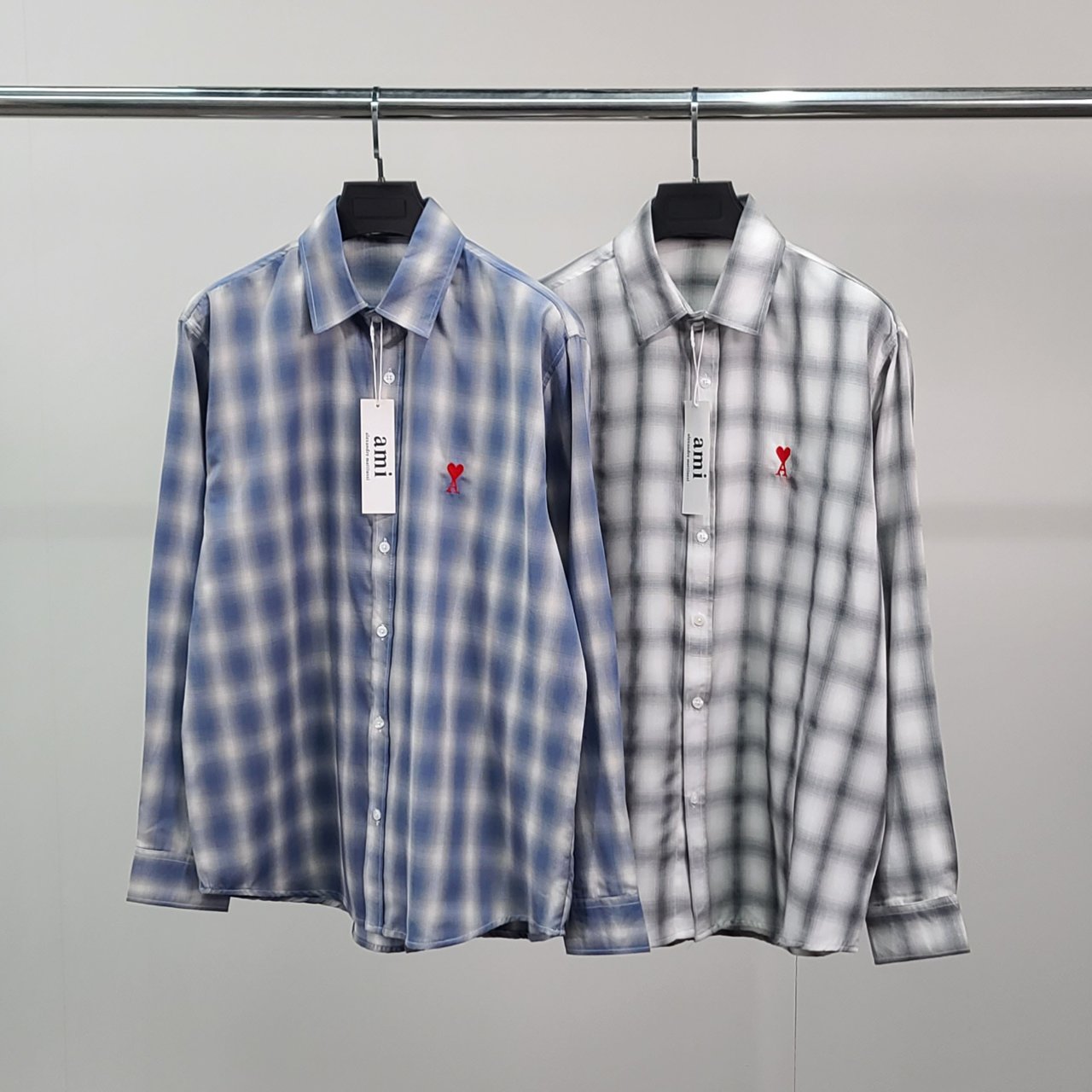 AMI 아미 스몰 하트자수 오버 체크 셔츠
