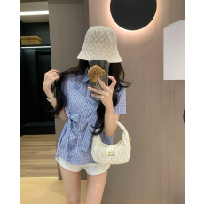 MIUMIU 미우미우 1017 더블 리본 깅엄 체크 반팔 셔츠