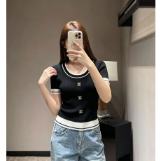 CHANEL 샤넬 1051 CC 로고 배색 니트 반팔 2COLOR