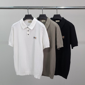 MAISON KITSUNE 메종키츠네 더블폭스 세로줄 반팔 카라 니트