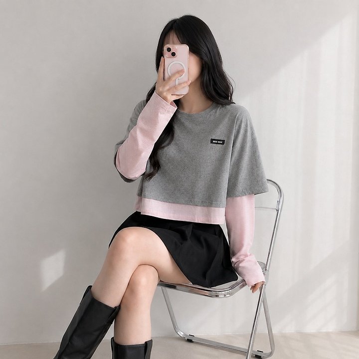 MIUMIU 미우미우 여성 스트라이프 레이어드 슬리브