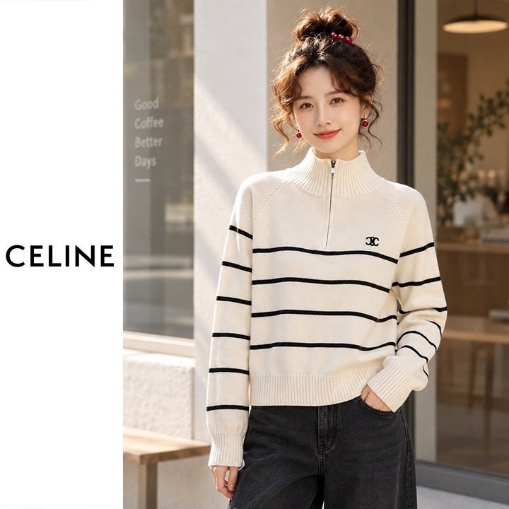 CELINE 셀린느 하이넥 단가라 반집업 니트 3COLOR